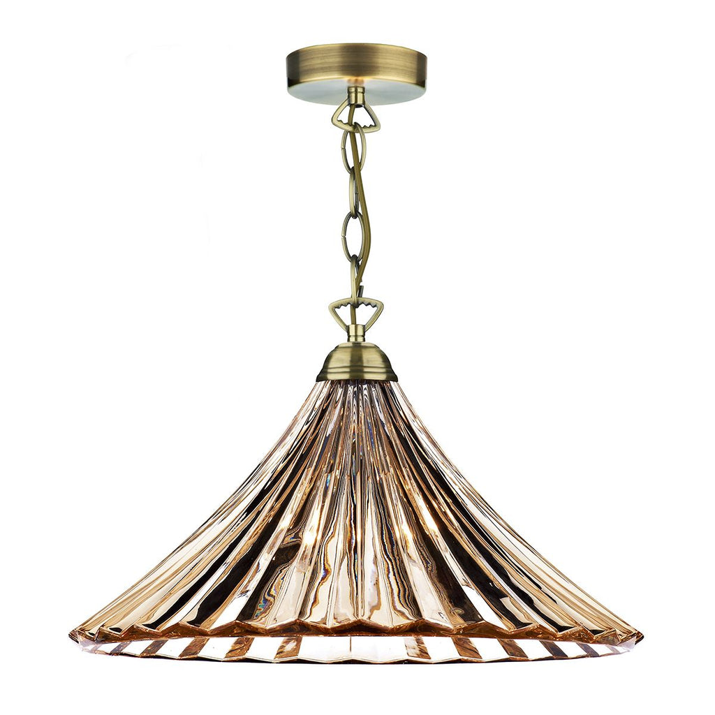 Ardeche 1 Light Large Pendant Amber Glass & Antique Brass by Dar Lighting