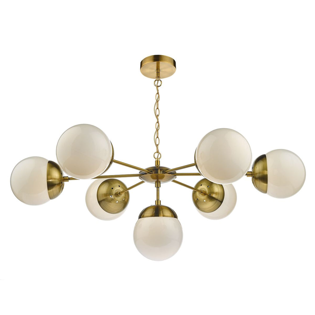 Bombazine 7 Light Pendant Natural Brass & White Opal Glass by Dar Lighting