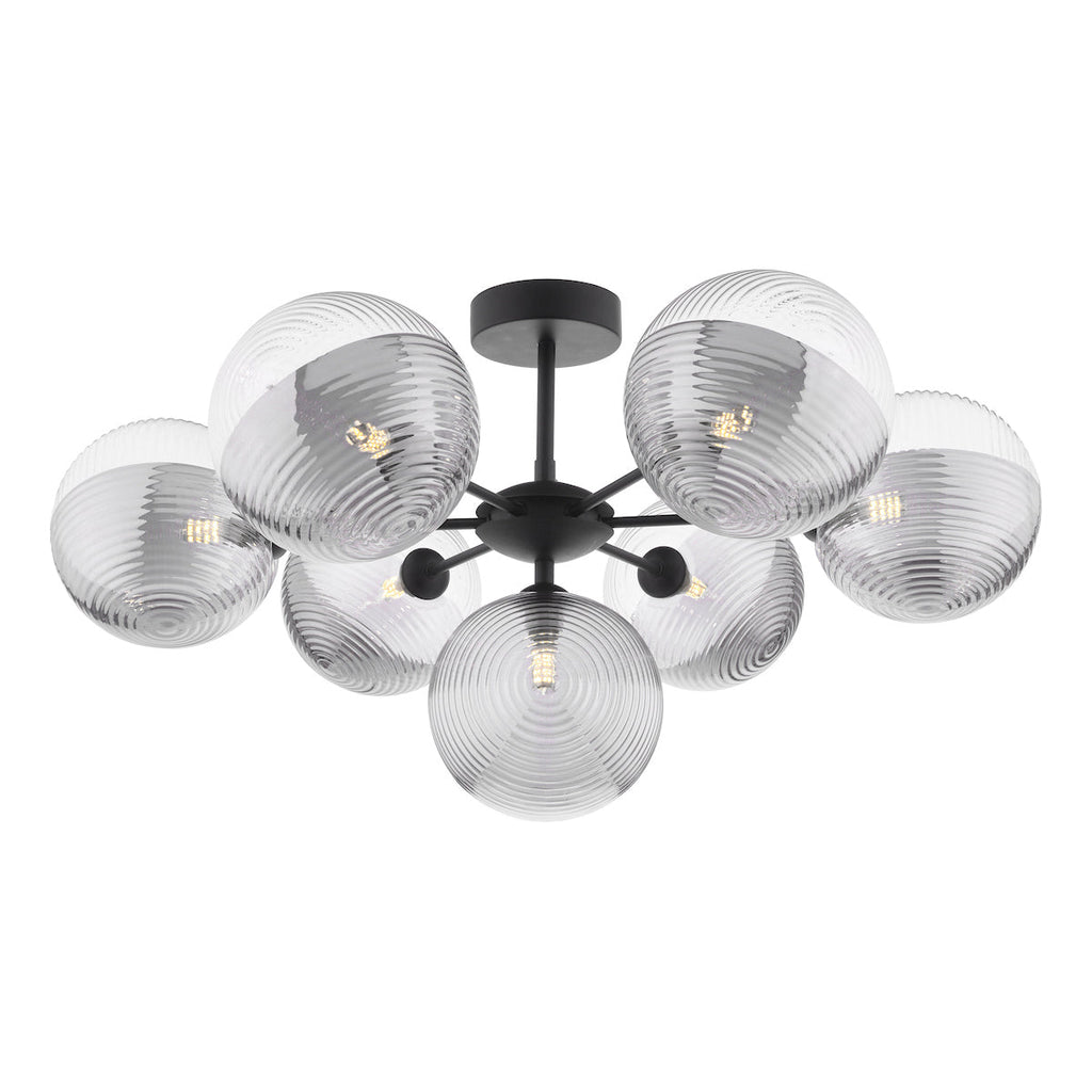 Dar Lighting -  Cohen 7 Light Semi-Flush Matt Black & Smoked Clear Ribbed Glass