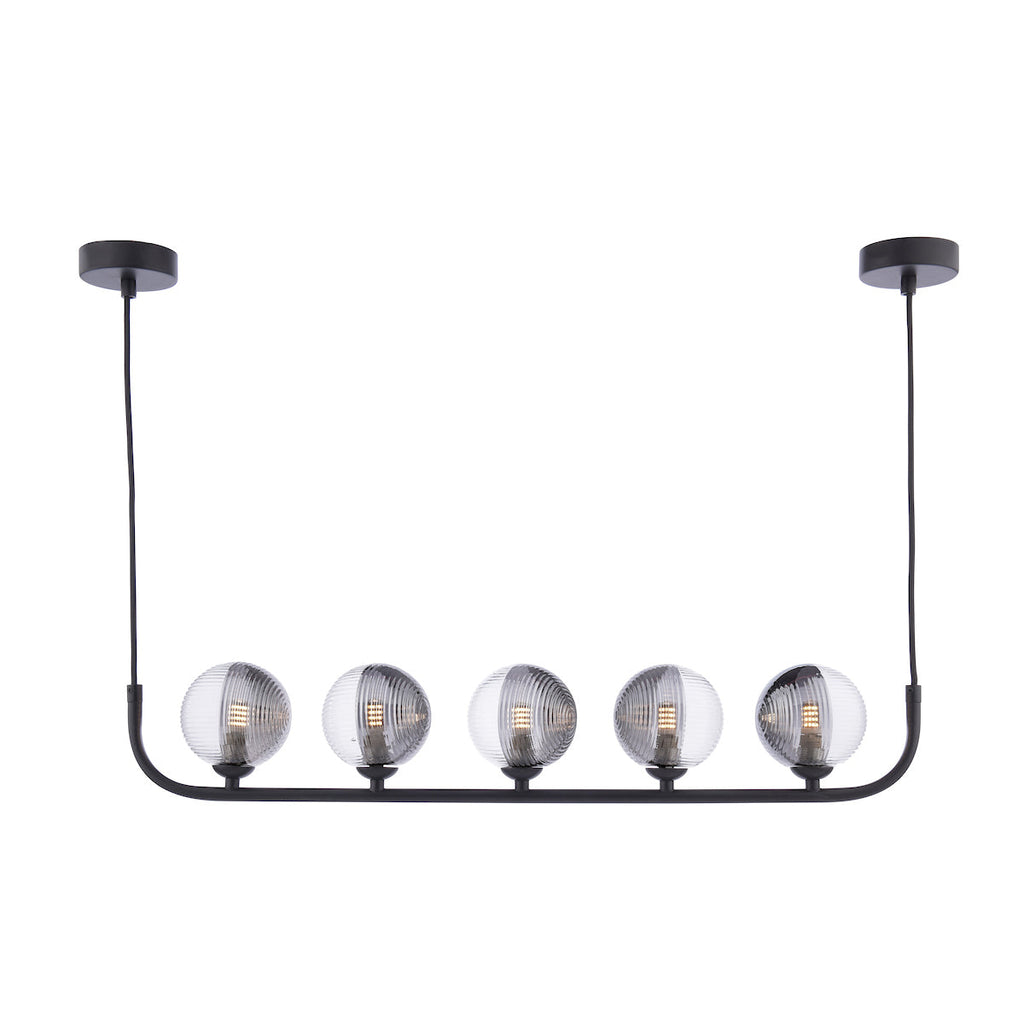 Dar Lighting - Cradle 5 Light Bar Pendant Matt Black & Smoked Clear Ribbed Glass
