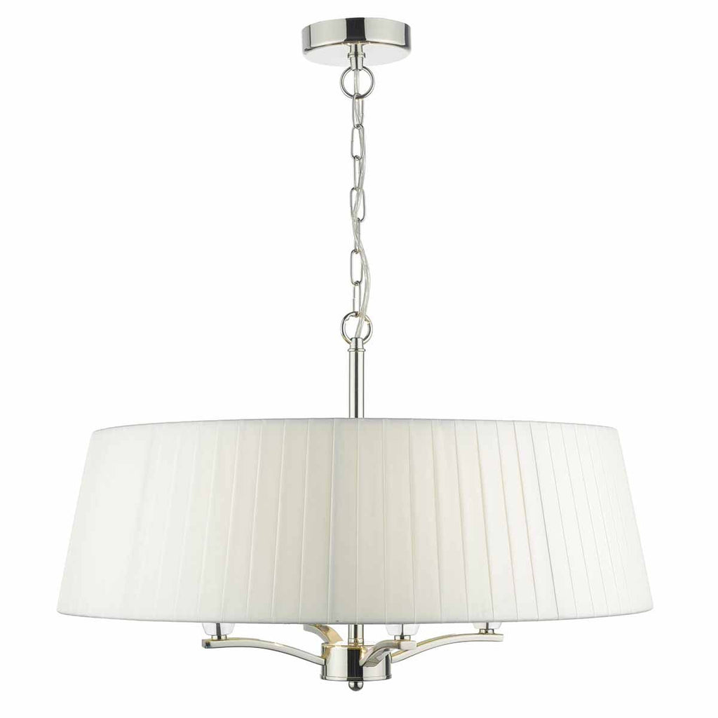 Cristin 4lt Pendant Polished Nickel C/W Ivory Ribbon Shade by Dar Lighting