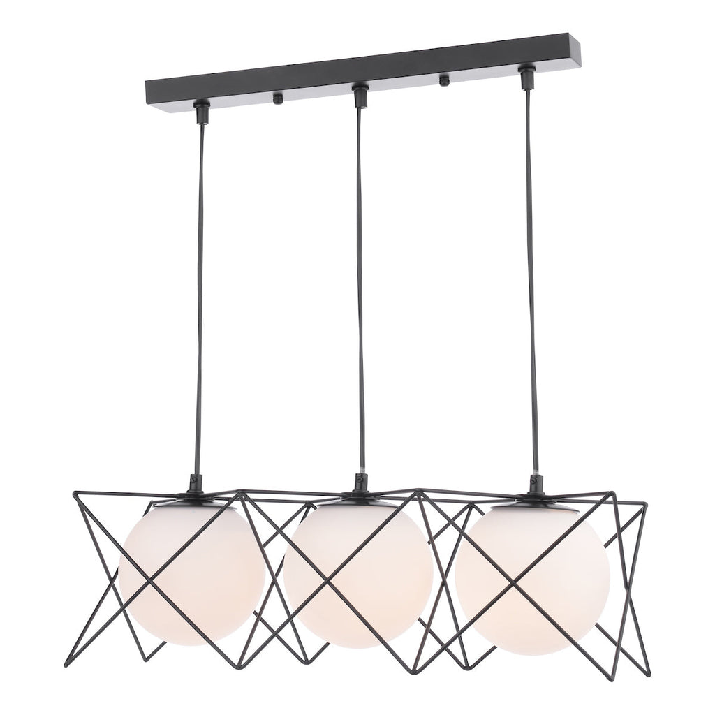 Dreyson 3 Light Bar Pendant Matt Black and Opal Glass by Dar Lighting