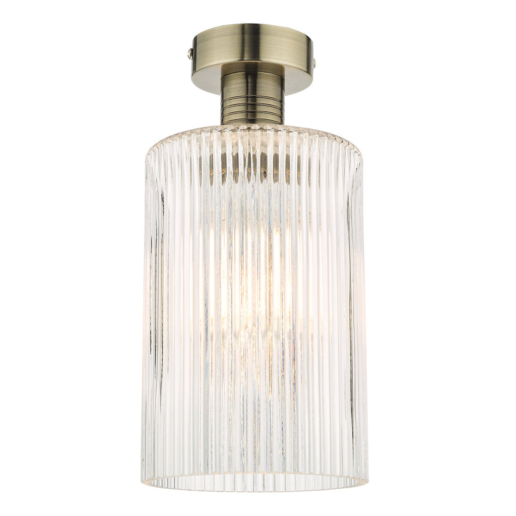 dar-lighting-Emerson-Semi-Flush-Antique-Brass-Cylinder-Ribbed-Glass