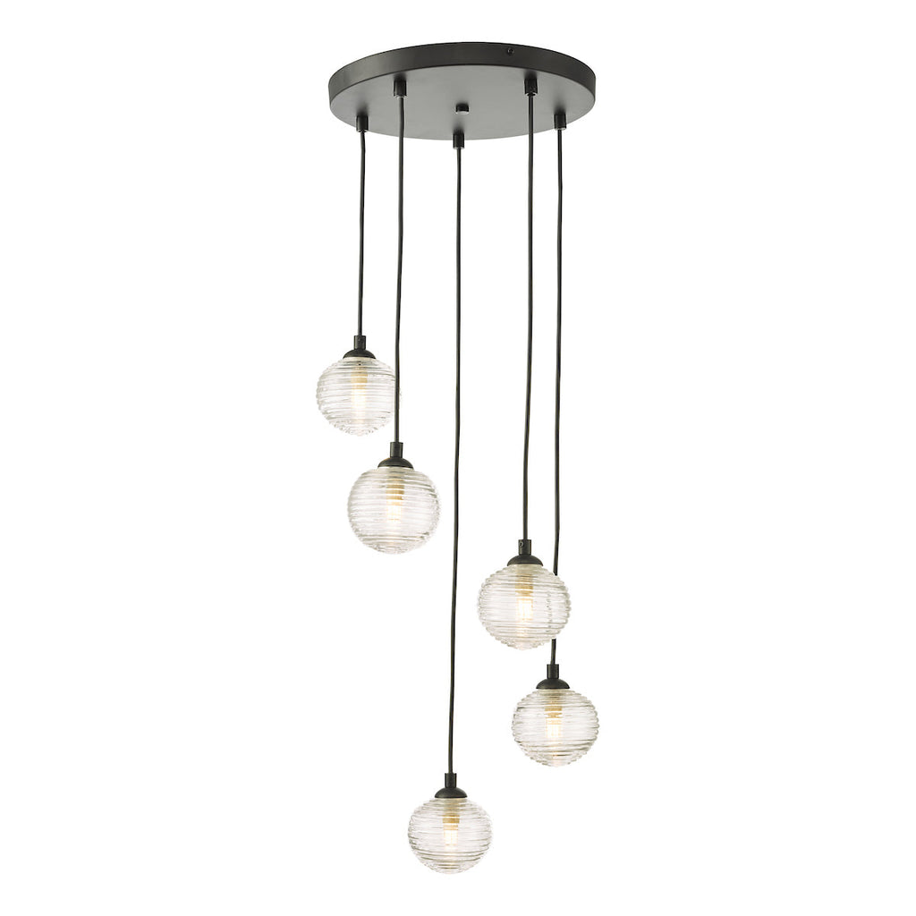 Dar Lighting - Federico 5 Light Cluster Pendant Black Clear Ribbed Glass