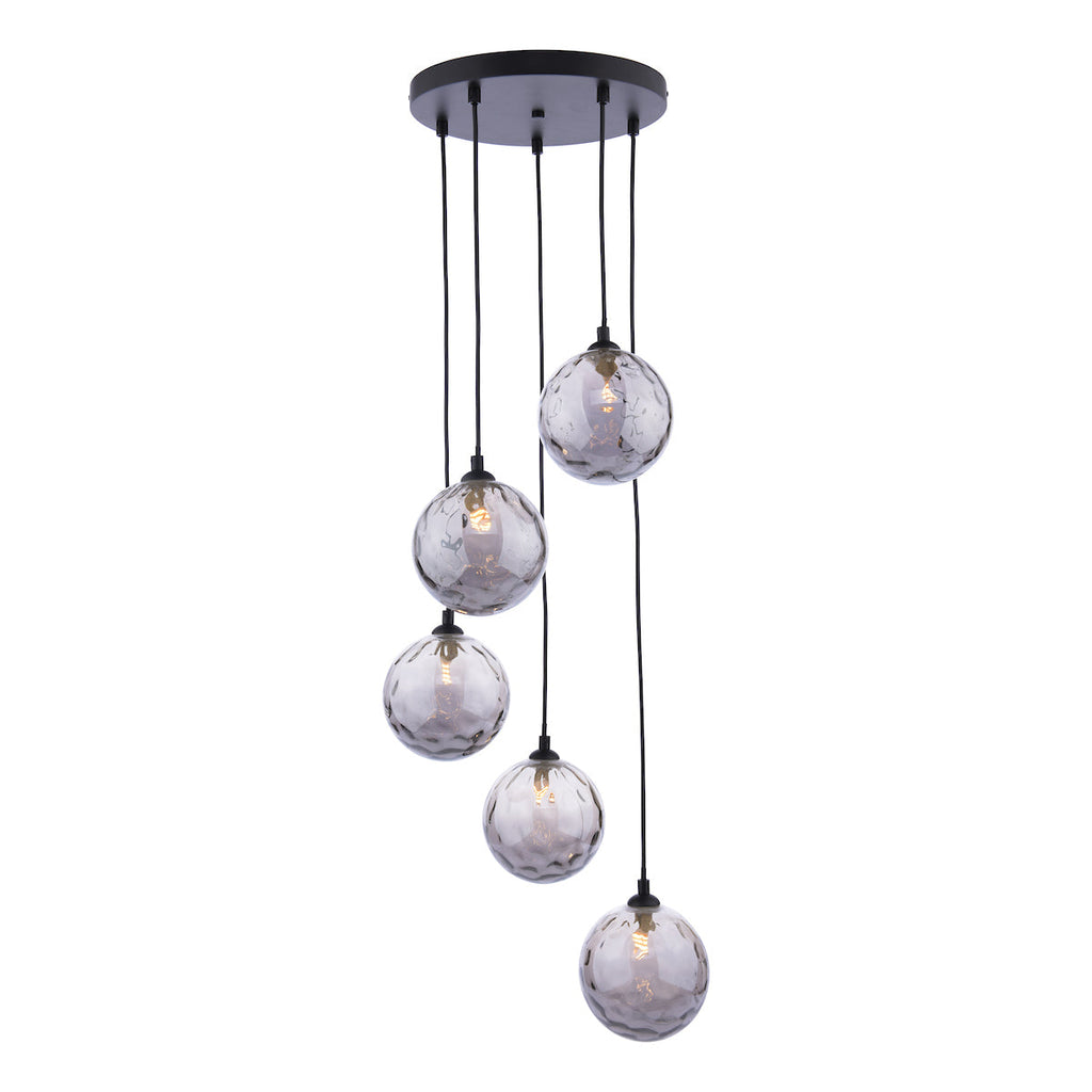 Dar Lighting - Federico 5 Light Cluster Pendant Matt Black Smoked Dimpled Glass