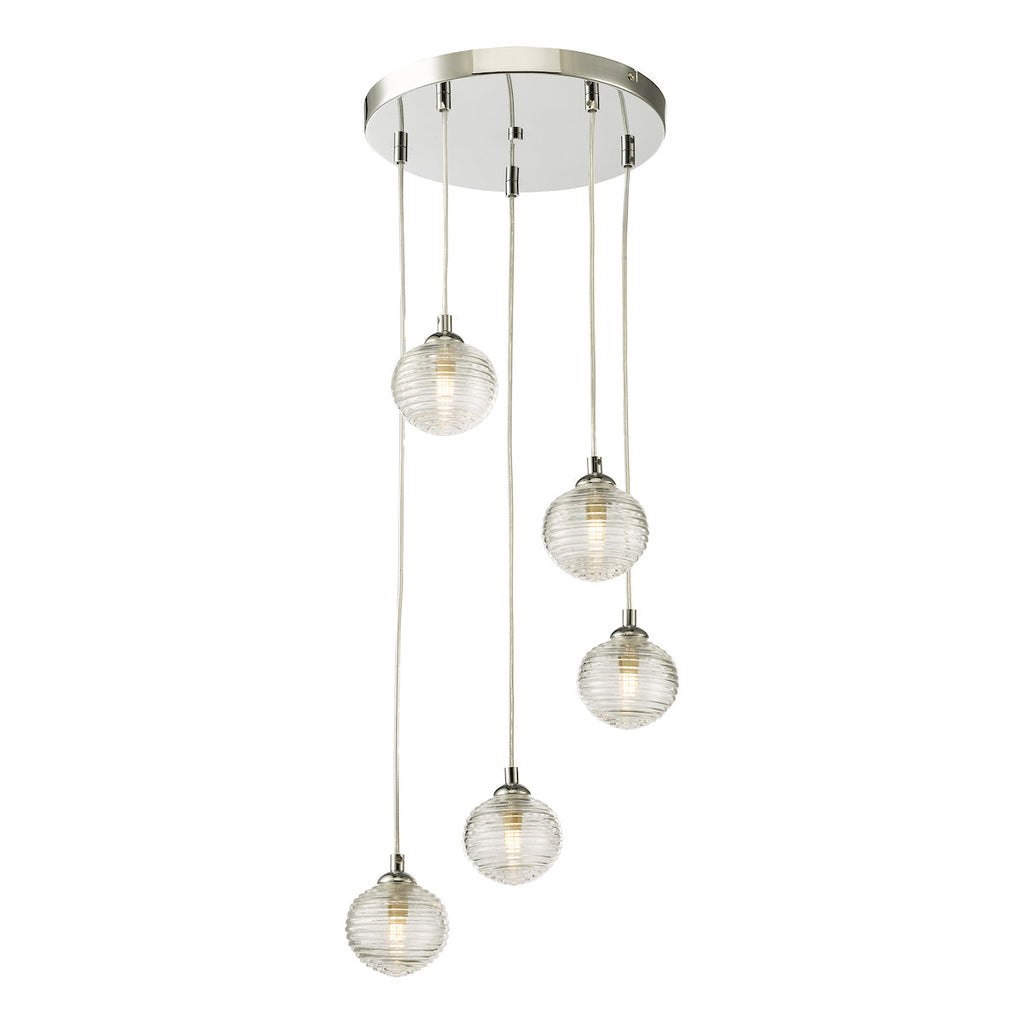 Dar Lighting - Federico 5 Light Cluster Pendant Polished Chrome Clear Ribbed Glass
