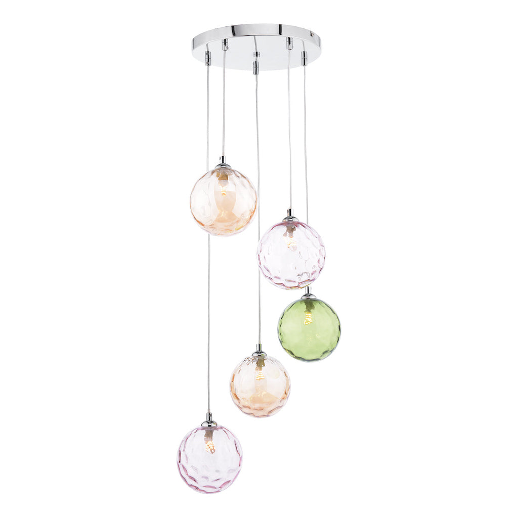 Dar Lighting - Federico 5 Light Cluster Pendant Polished Chrome Mixed Coloured Glass