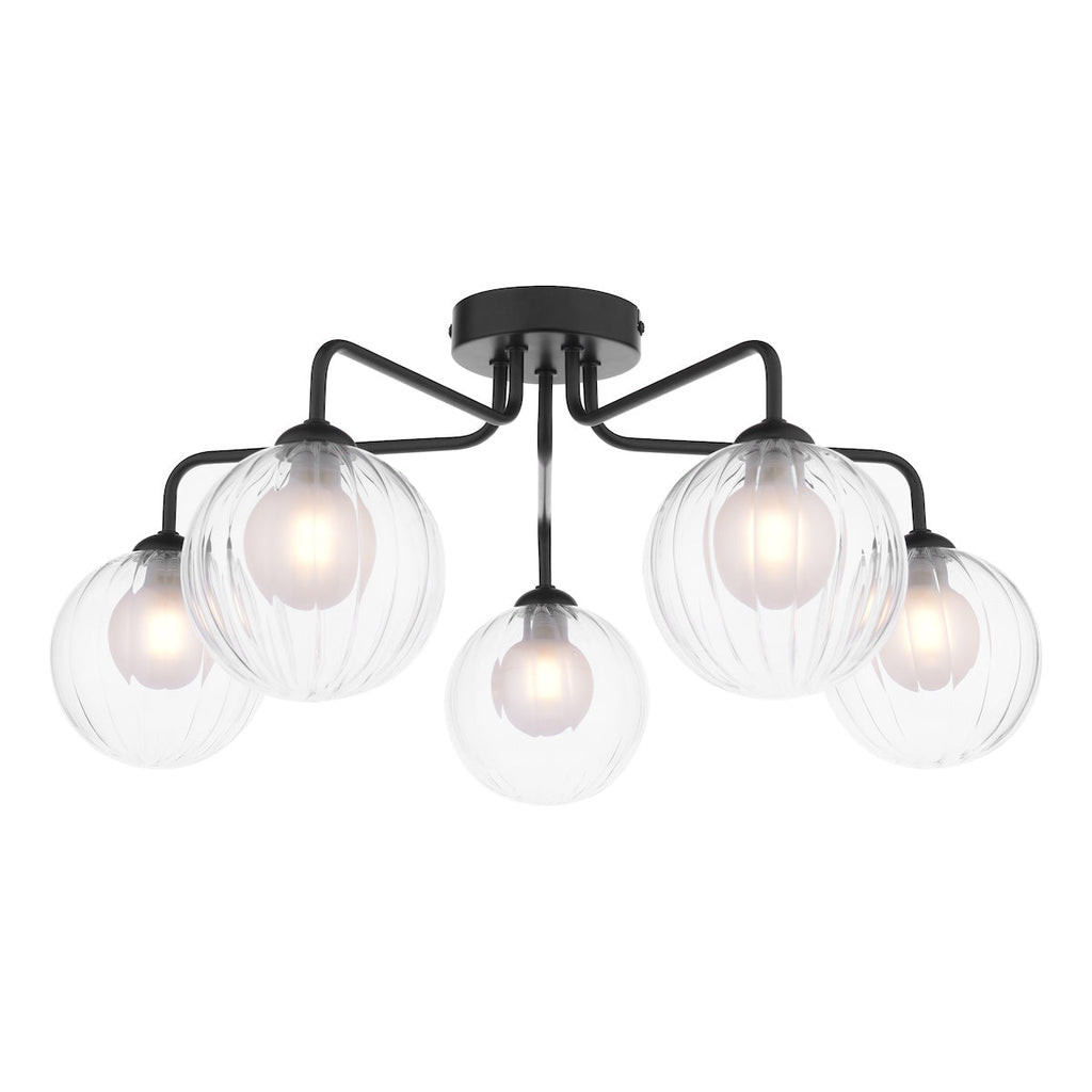 Dar Lighting -  Feya 5 Light Semi-Flush Matt Black & Clear Opal Glass