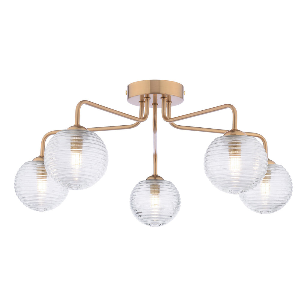 Dar Lighting -  Feya 5 Light Semi-Flush Antique Bronze & Ribbed Glass