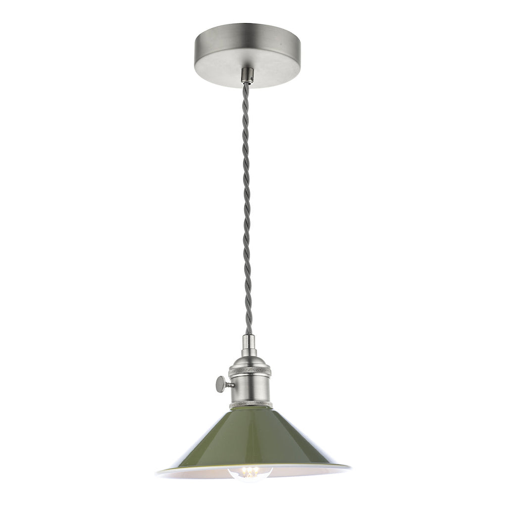 dar-lighting-Hadano-1-Light-Pendant-Antique-Chrome-With-Olive-Green-Shade