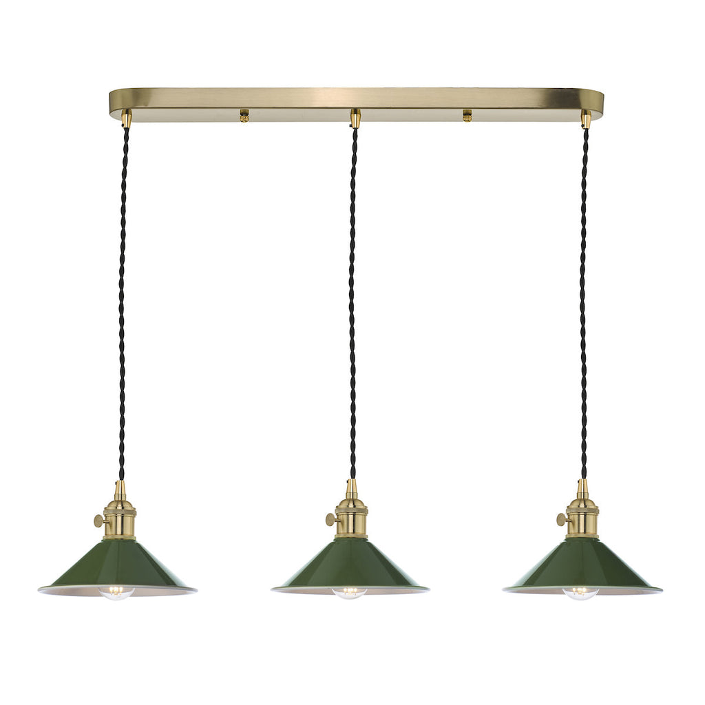 dar-lighting-Hadano-3-Light-Suspension-Natural-Brass-With-Olive-Green-Metal-Shades