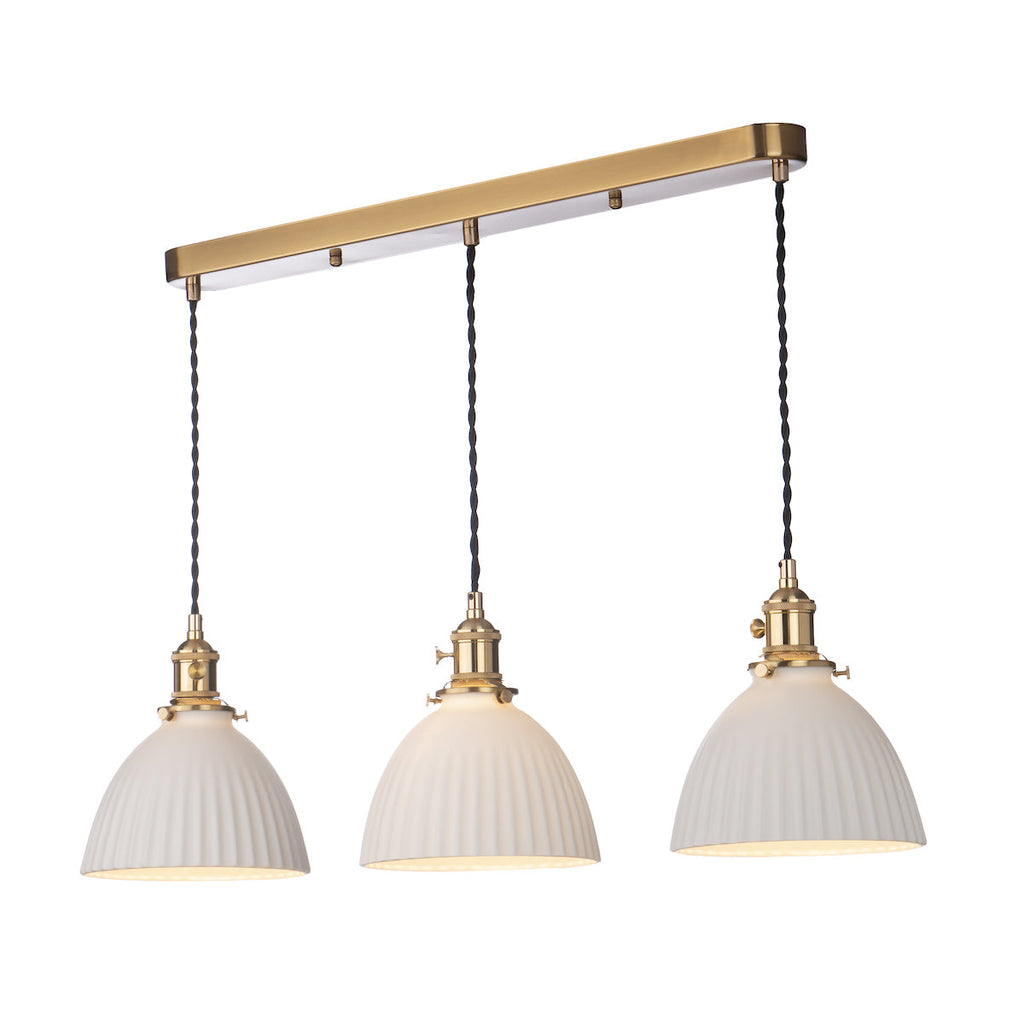 Dar Lighting - Hadano 3 Light Bar Pendant Natural Brass & Ceramic Domed Shade