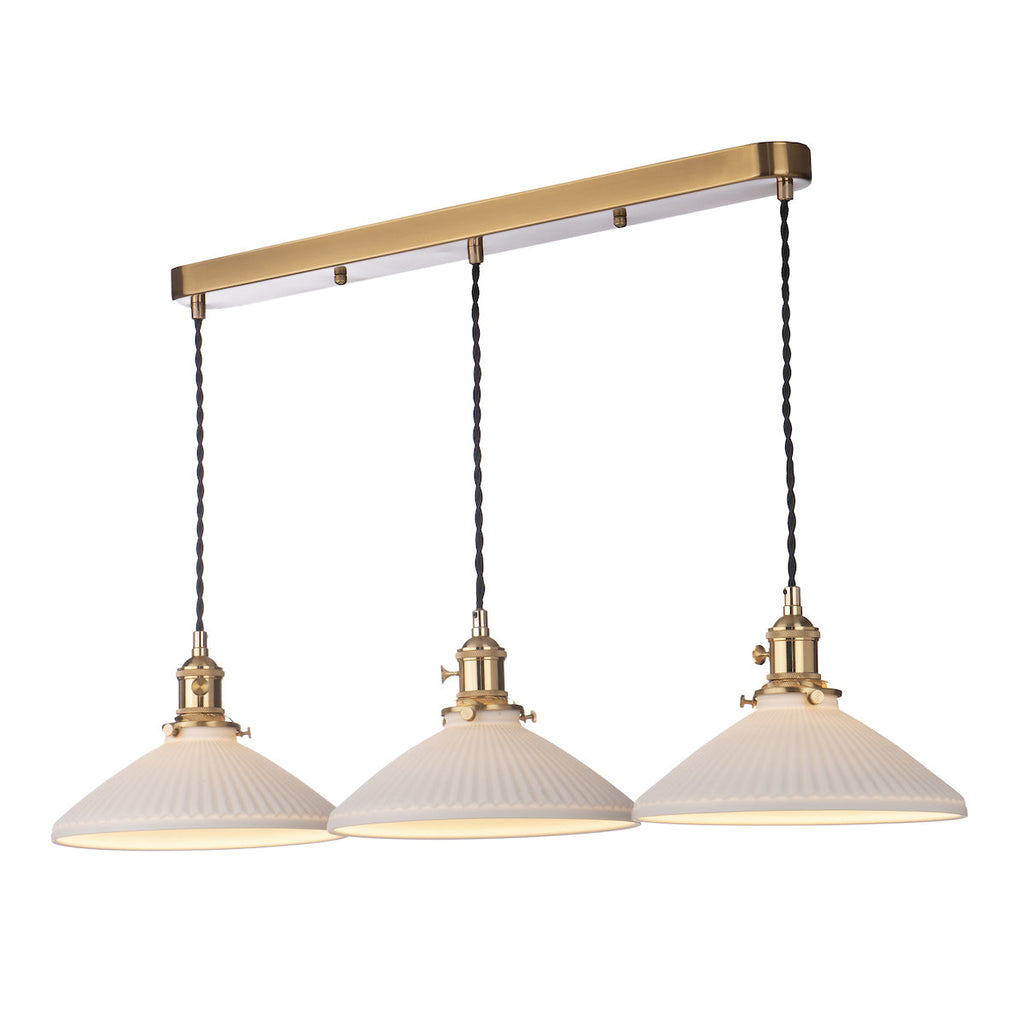 Dar Lighting - Hadano 3 Light Bar Pendant Natural Brass & Ceramic Shallow Shades