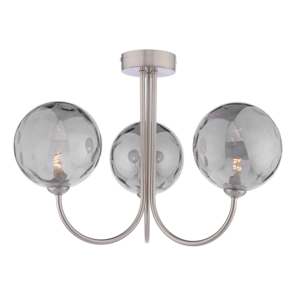 Dar Lighting - Jared 3 Light Semi-Flush Satin Nickel and Smoked Dimpled Glass