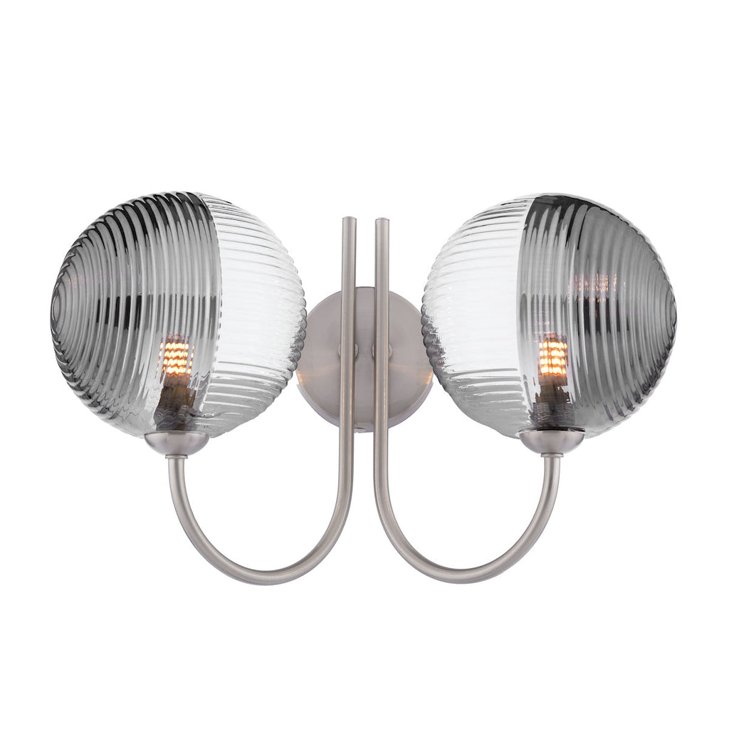 Dar Lighting - Jared 2 Light Wall Light Satin Nickel & Smoked/Clear Ribbed Glass