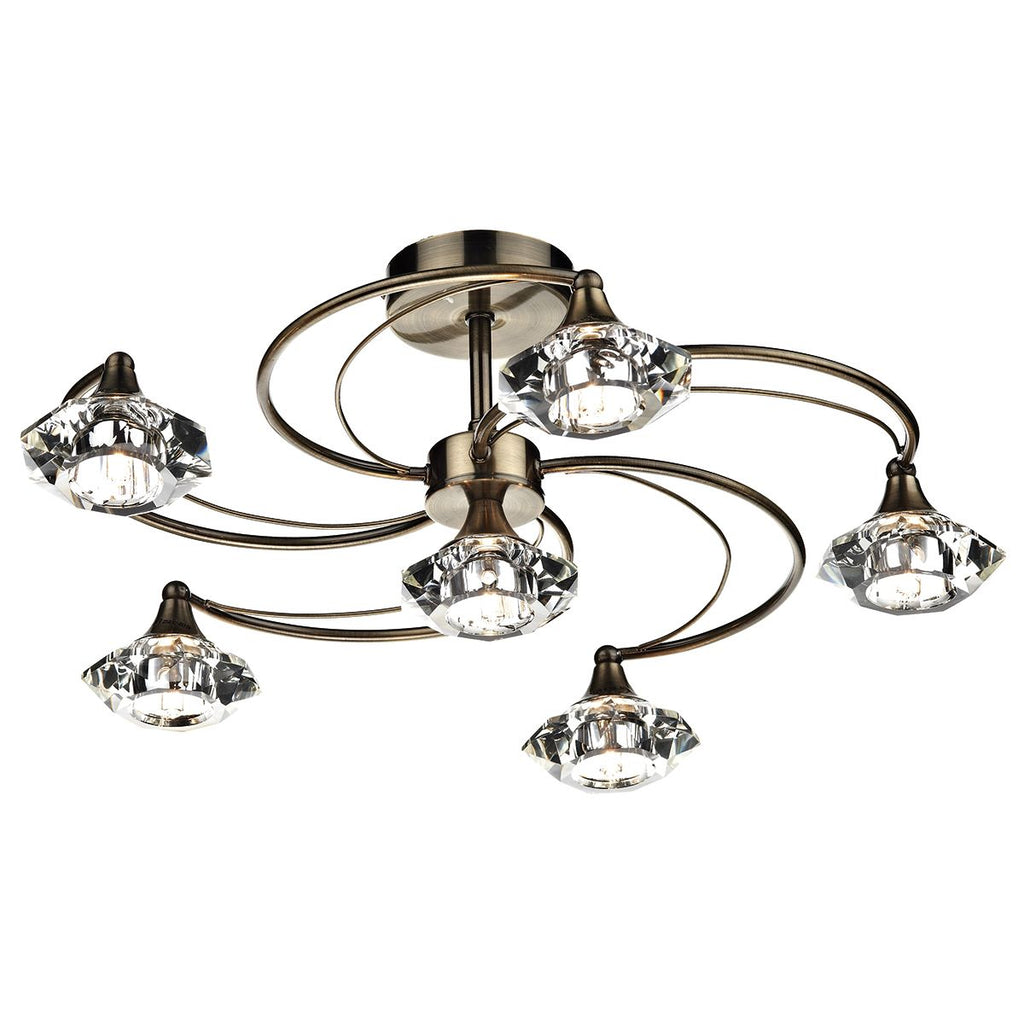 Luther 6 Light Semi Flush complete with Crystal Glass Antique Brass by Dar Lighting
