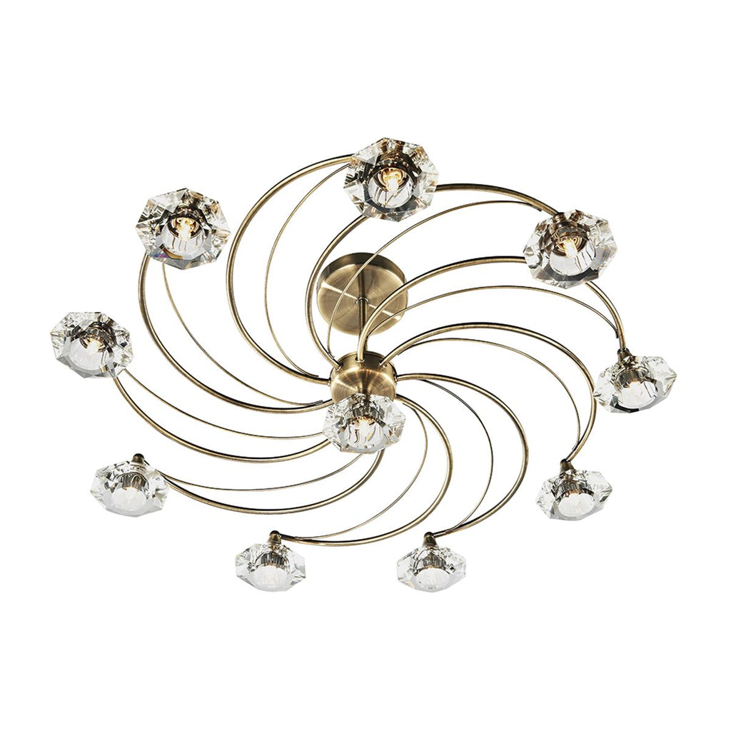 Luther 10 Light Semi Flush complete with Crystal Glass Antique Brass by Dar Lighting