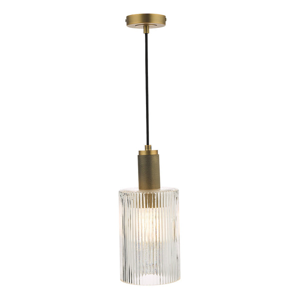 dar-lighting-Nikolas Pendant Natural Solid Brass Ribbed Cylinder Glass