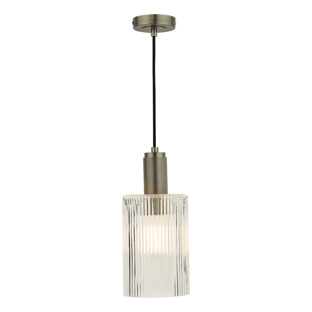 dar-lighting-Nikolas Pendant Antique Chrome Ribbed Cylinder Glass