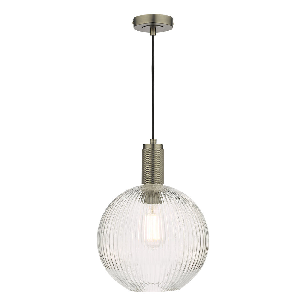 dar-lighting-Nikolas Pendant Antique Chrome Ribbed Round Glass