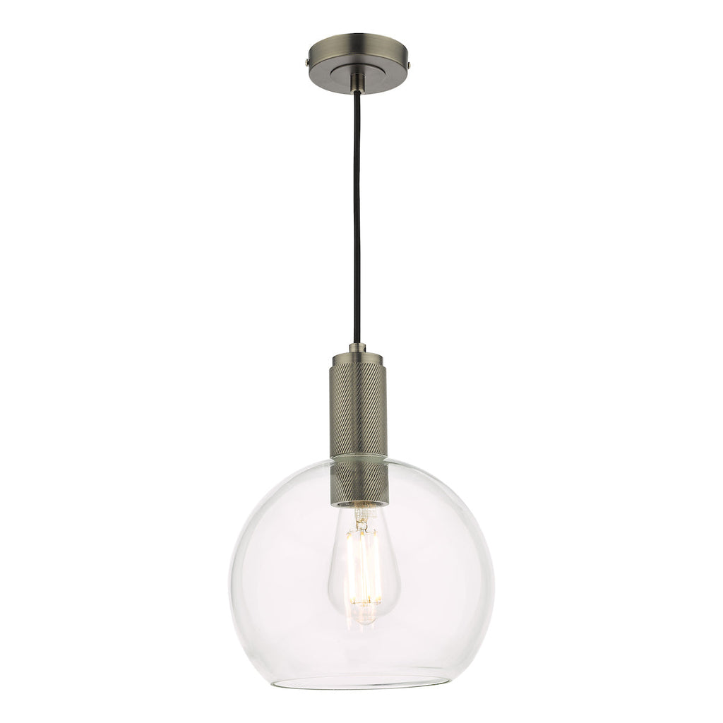 dar-lighting-Nikolas Pendant Antique Chrome Round Clear Glass
