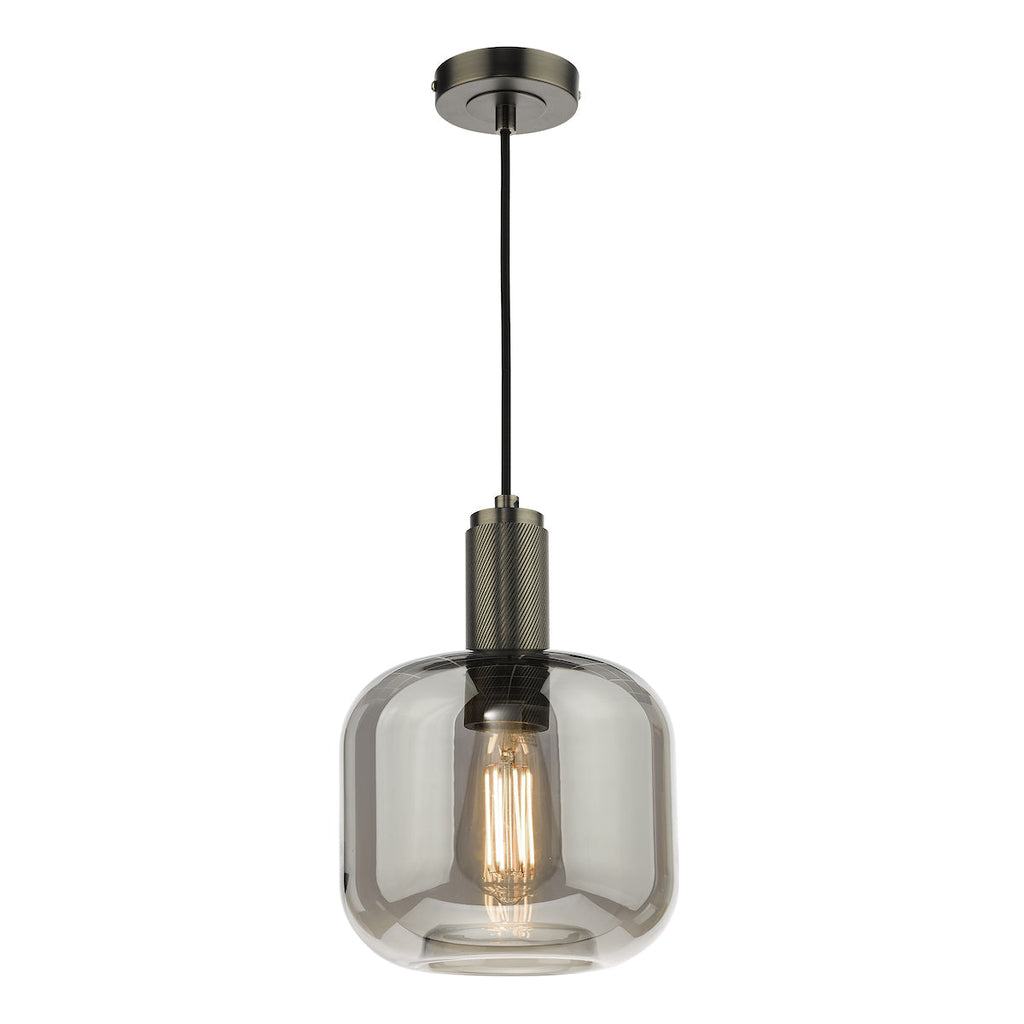 dar-lighting-Nikolas Pendant Antique Chrome Smoked Glass