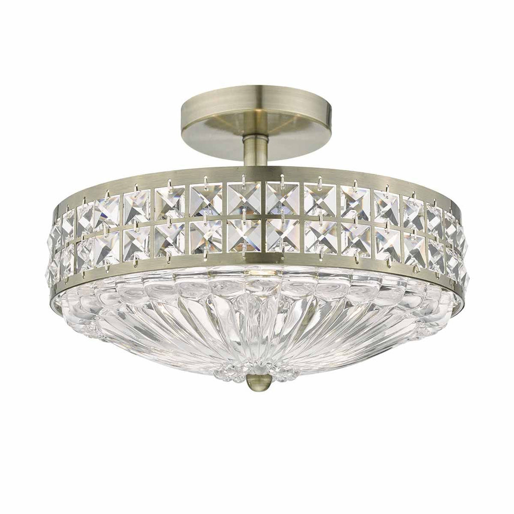 Olona 3L Light Semi Flush Antique Brass Crystal Beads and Glass Diffuser by Dar Lighting