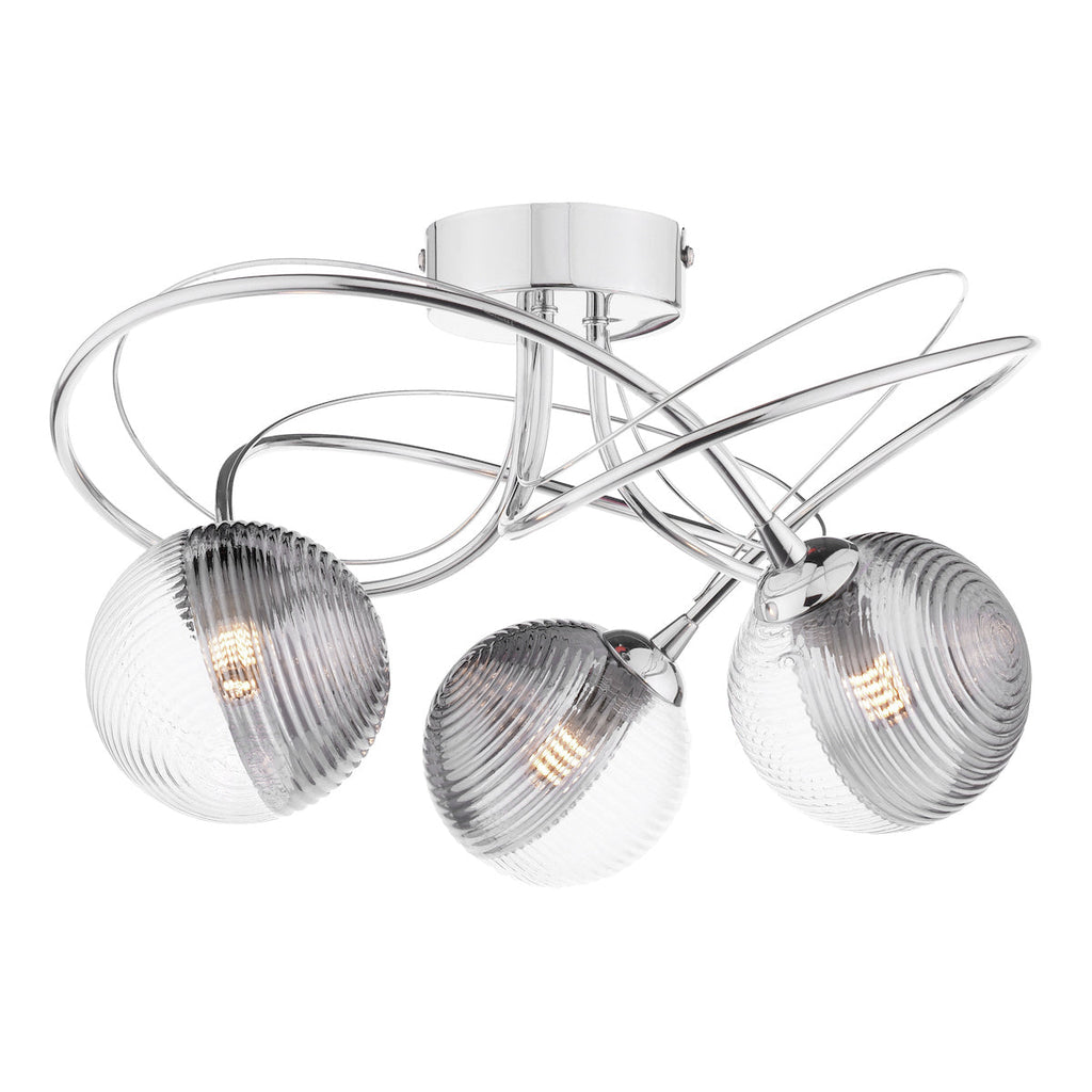 Dar Lighting - Onawa 3 Light Semi-Flush Polished Chrome & Smoked/Clear Ribbed Glass