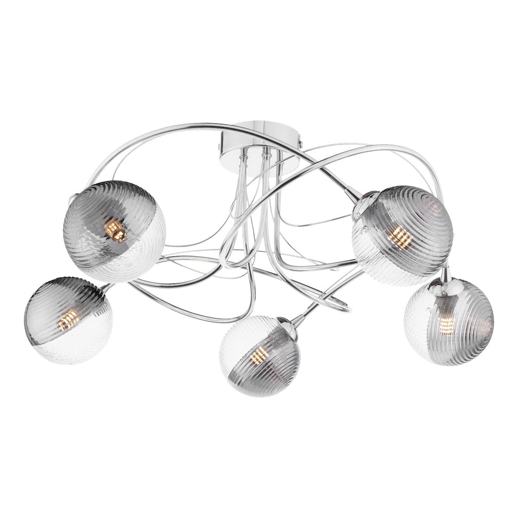 Dar Lighting - Onawa 5 Light Semi-Flush Polished Chrome & Smoked/Clear Ribbed Glass