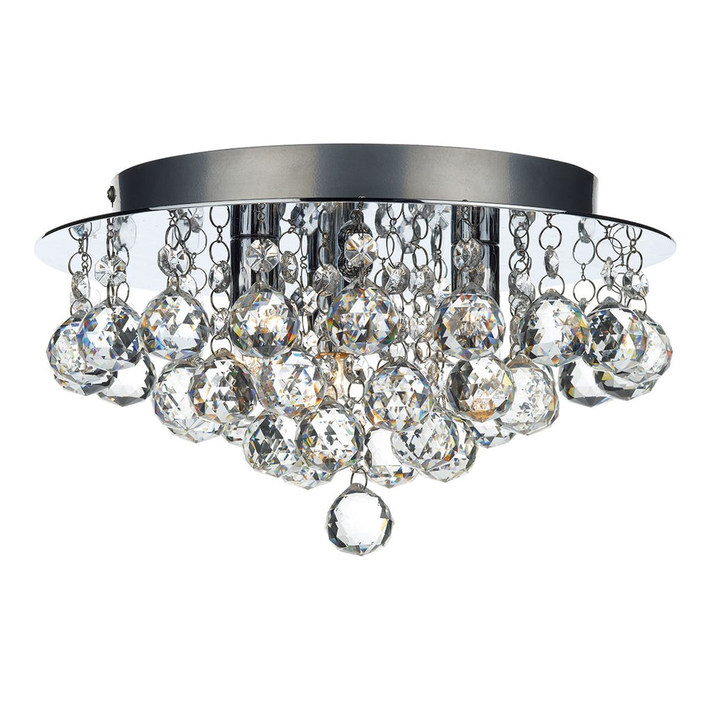 Pluto 3 Light Flush Polished Chrome Crystal Glass Droppers by Dar Lighting