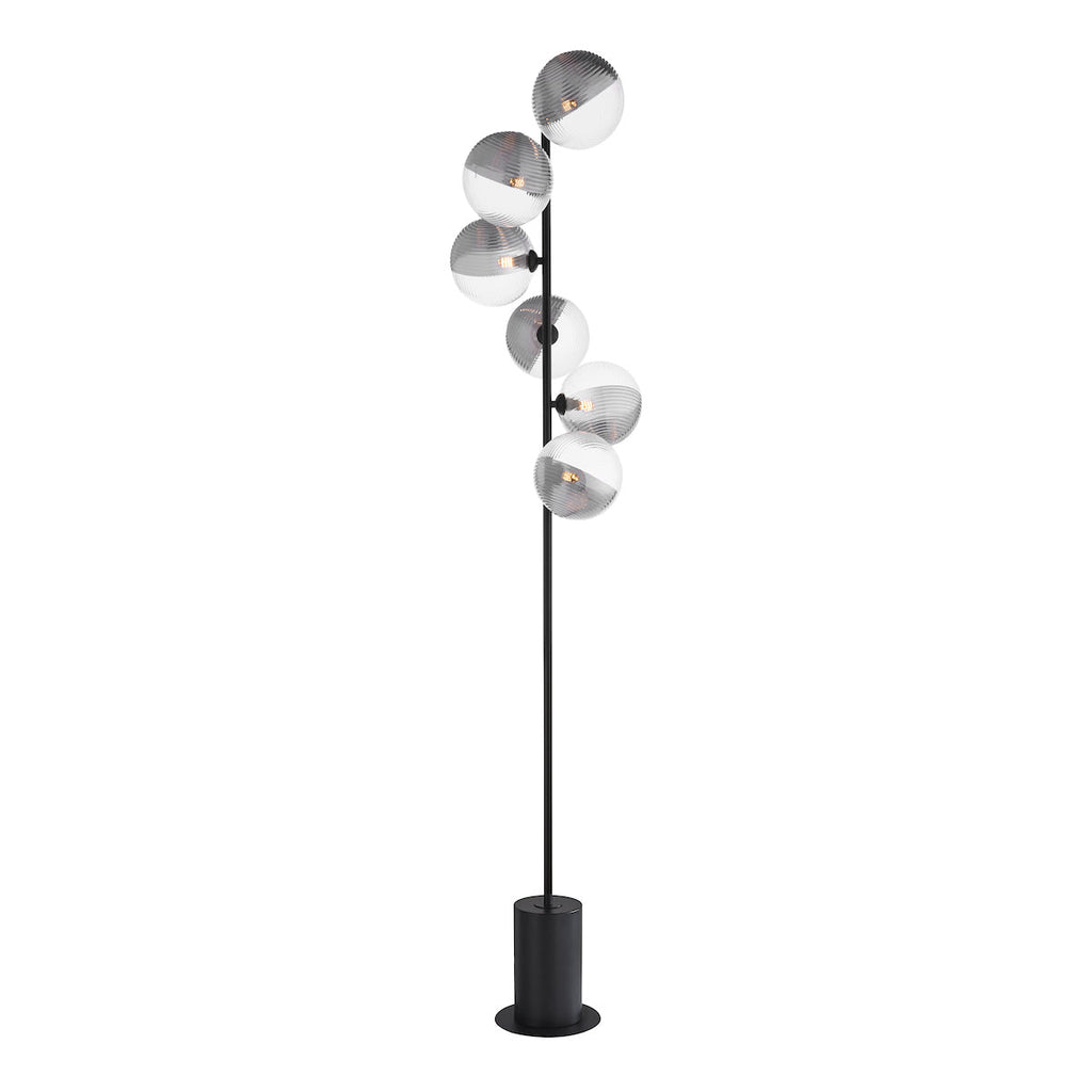 Dar Lighting -  Spiral 6 Light Floor Lamp Matt Black & Smoked/Clear Ribbed Glass