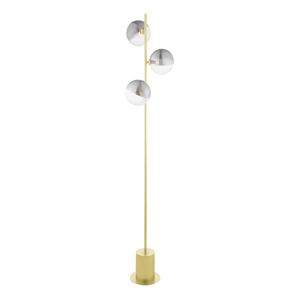 Dar Lighting -  Spiral 3 Light Floor Lamp Matt Gold & Smoked/Clear Ribbed Glass