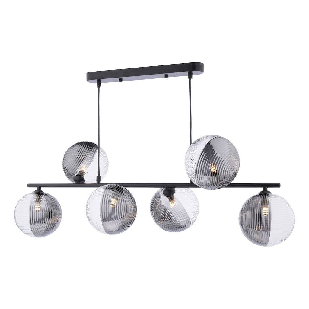Dar Lighting -  Spiral 6 Light Bar Pendant Matt Black & Smoked/Clear Ribbed Glass