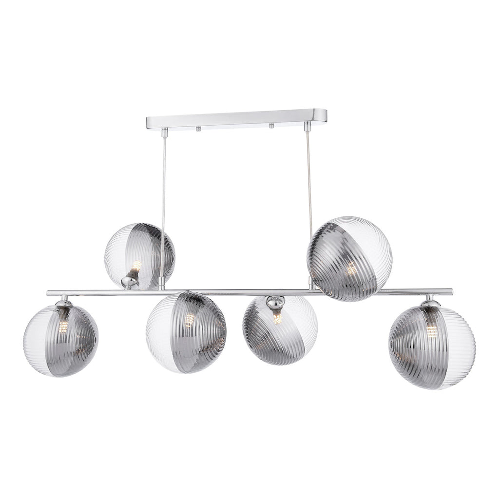 Dar Lighting -  Spiral 6 Light Bar Pendant Polished Chrome & Smoked/Clear Ribbed Glass