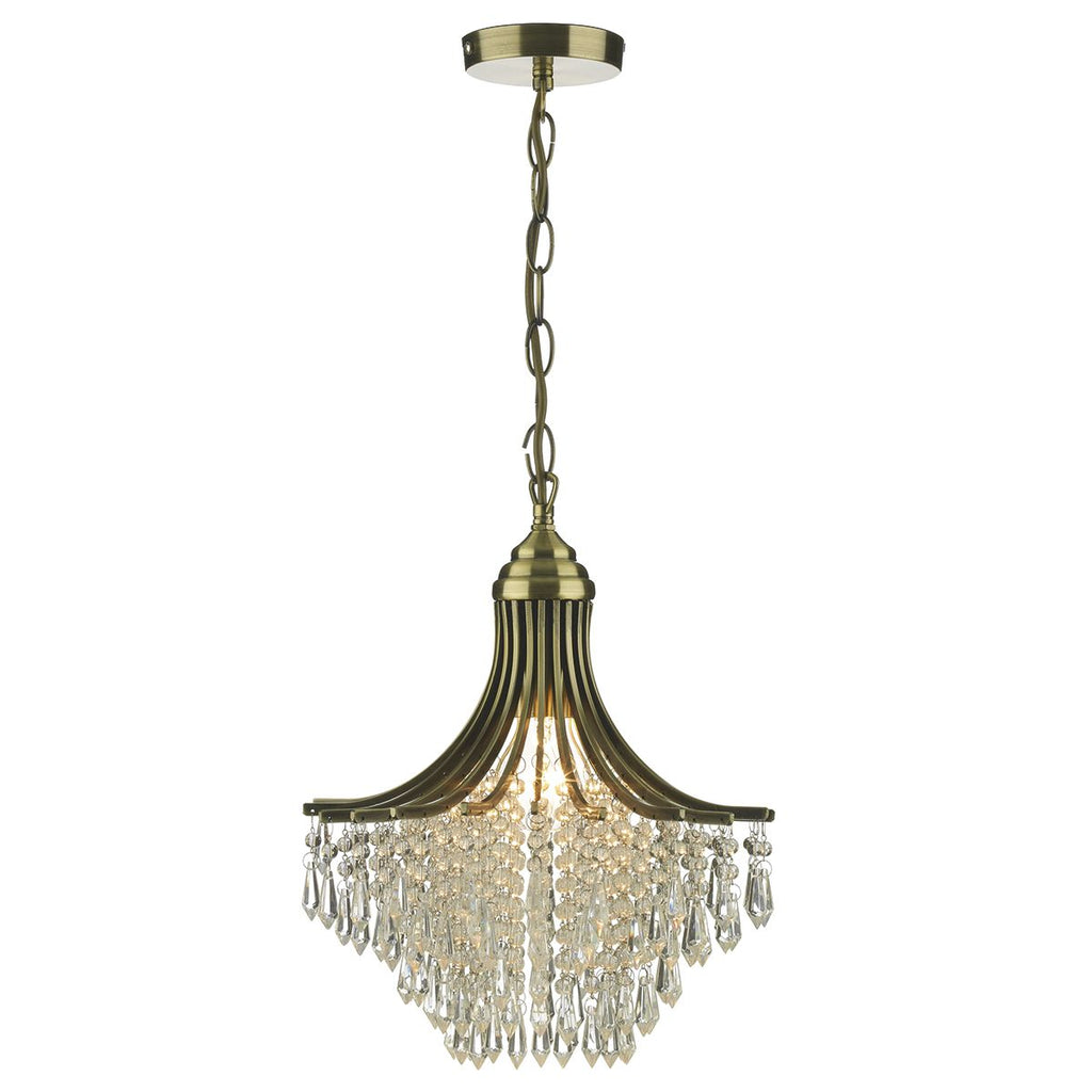 Suri 1 Light Pendant Antique Brass complete with Clear Beads by Dar Lighting