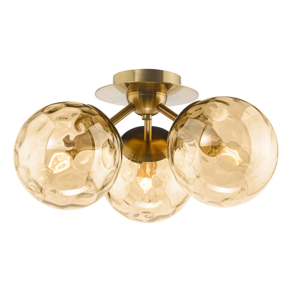 Dar Lighting - Ulrika 3 Light Semi-Flush Antique Brass and Amber Glass