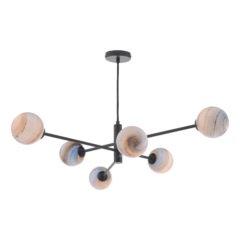 Dar Lighting -  Vignette 6 Light Pendant Matt Black & Planet Style Glass