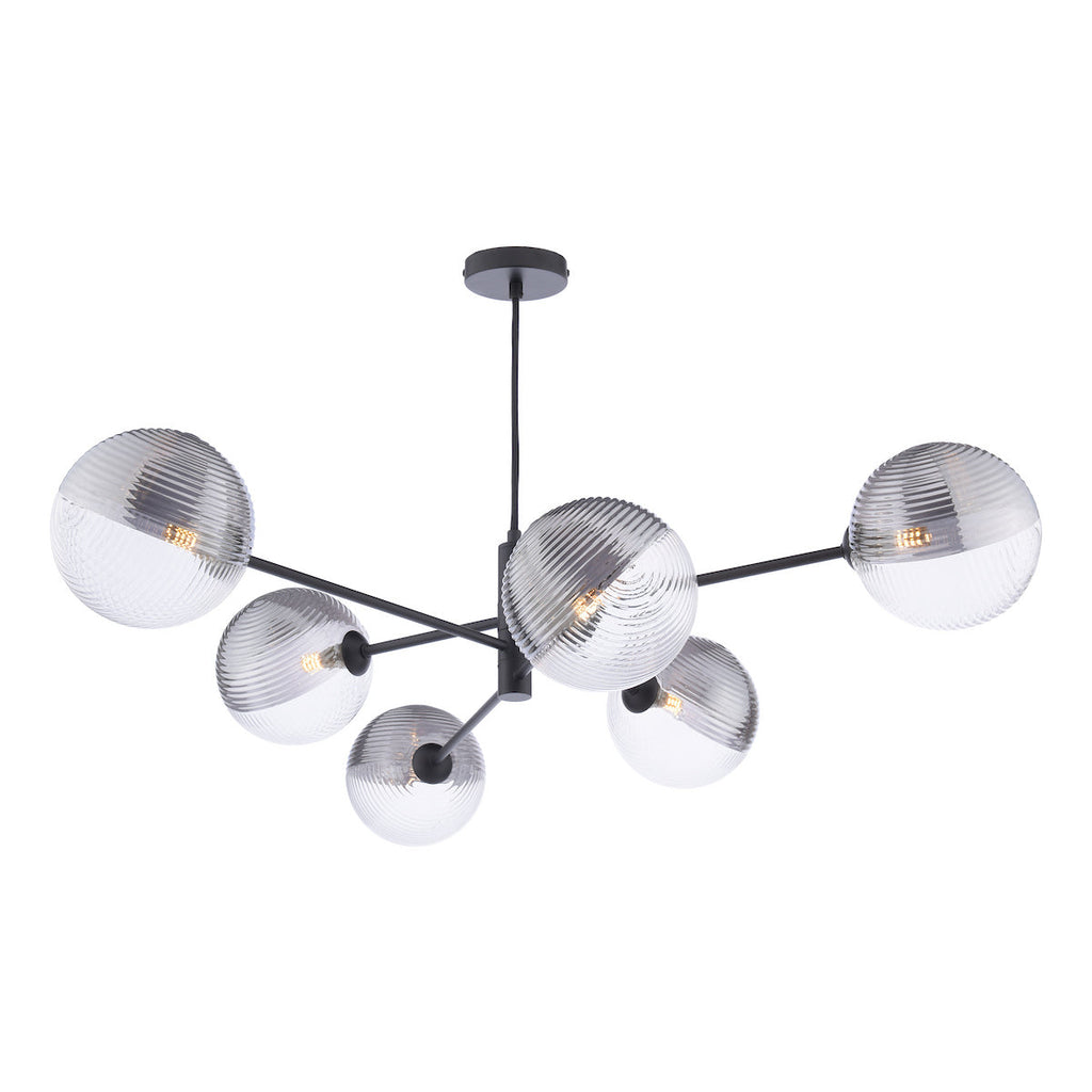 Dar Lighting -  Vignette 6 Light Pendant Matt Black & Smoked/Clear Ribbed Glass