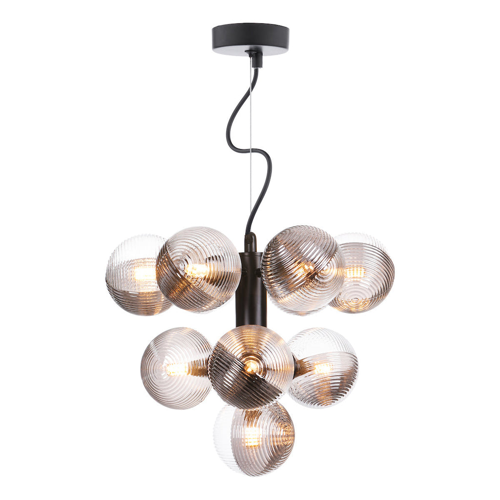 Dar Lighting -  SVine 10 Light Pendant Satin Black & Smoked/Clear Ribbed Glass