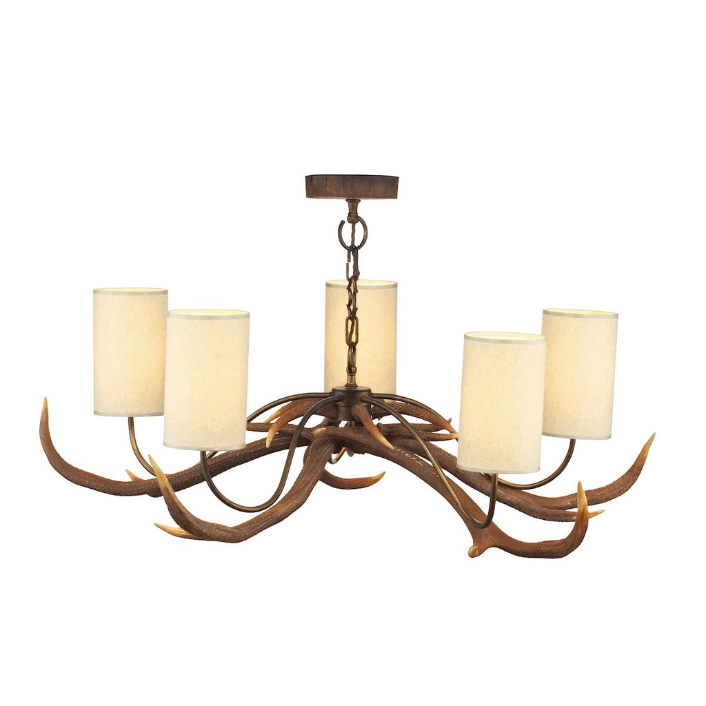ANTLER 5 light rustic pendant comes with bespoke shades by David Hunt Lighting