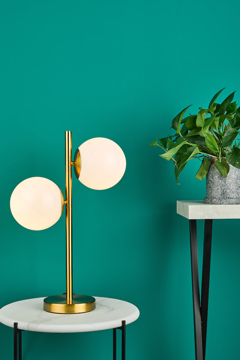 dar-lighting-Bombazine 2 Light Table Lamp Natural Brass Opal Glass