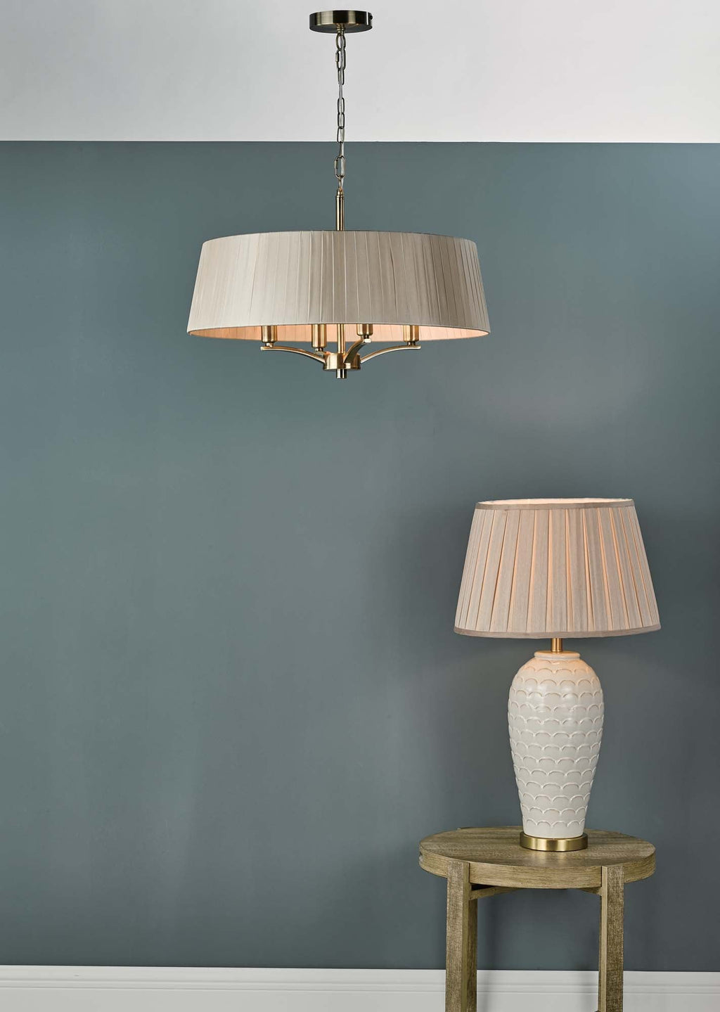dar-lighting-cristin-4-light-pendant-antique-brass-with-taupe-ribbon-shade
