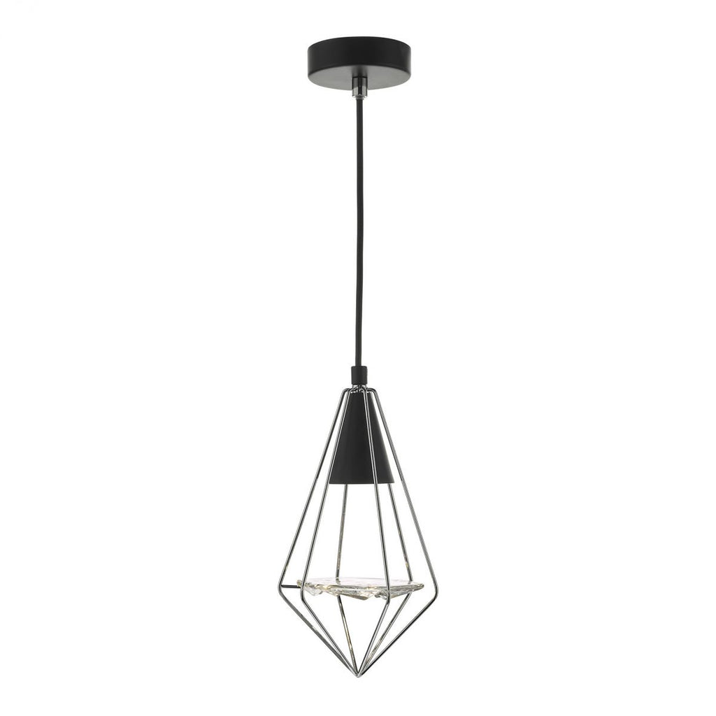 dar-lighting-gianni-1-light-pendant-black,-polished-chrome-&-glass