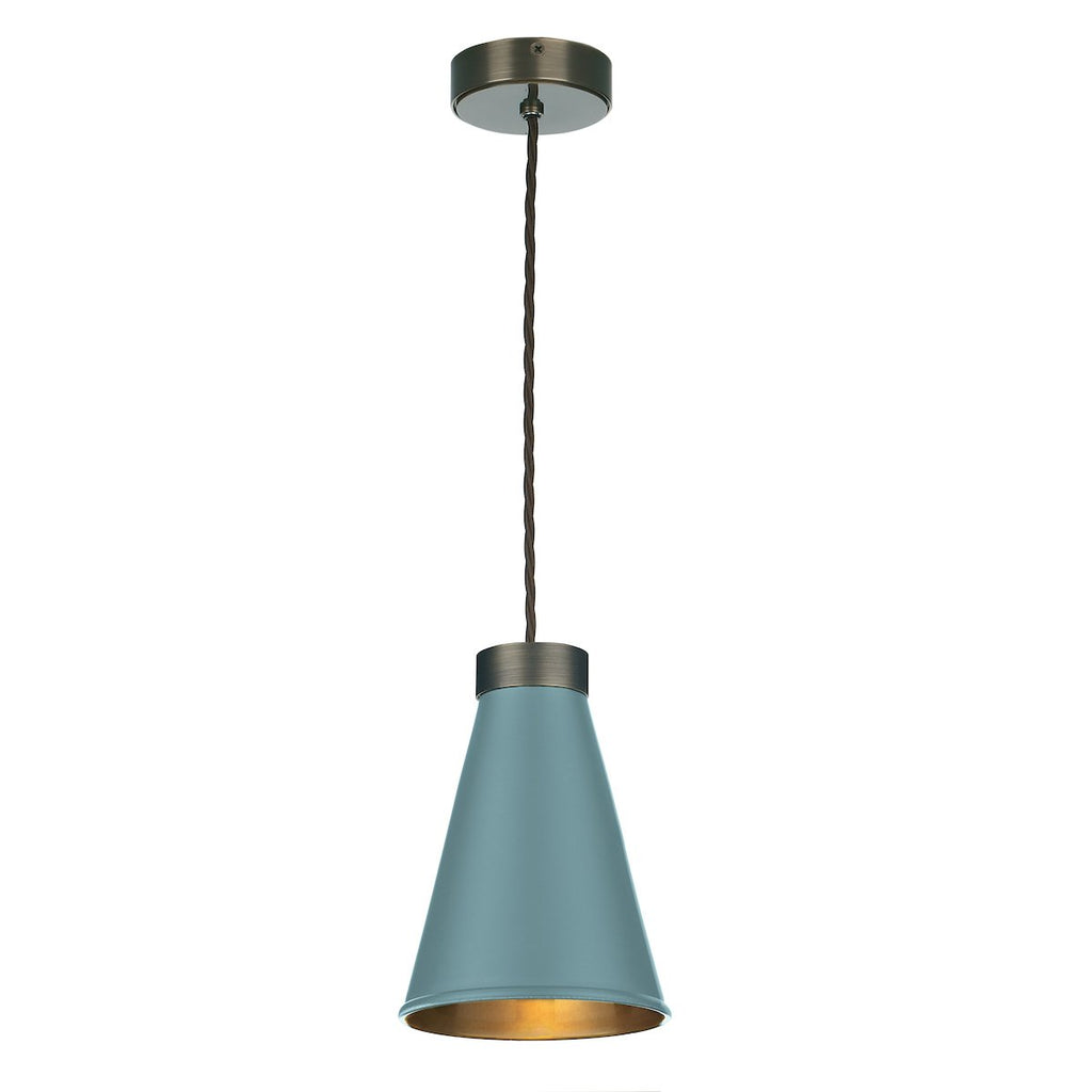 Hyde Single Small Pendant in Antique Brass comes with Smoke Blue metal shade by David Hunt Lighting