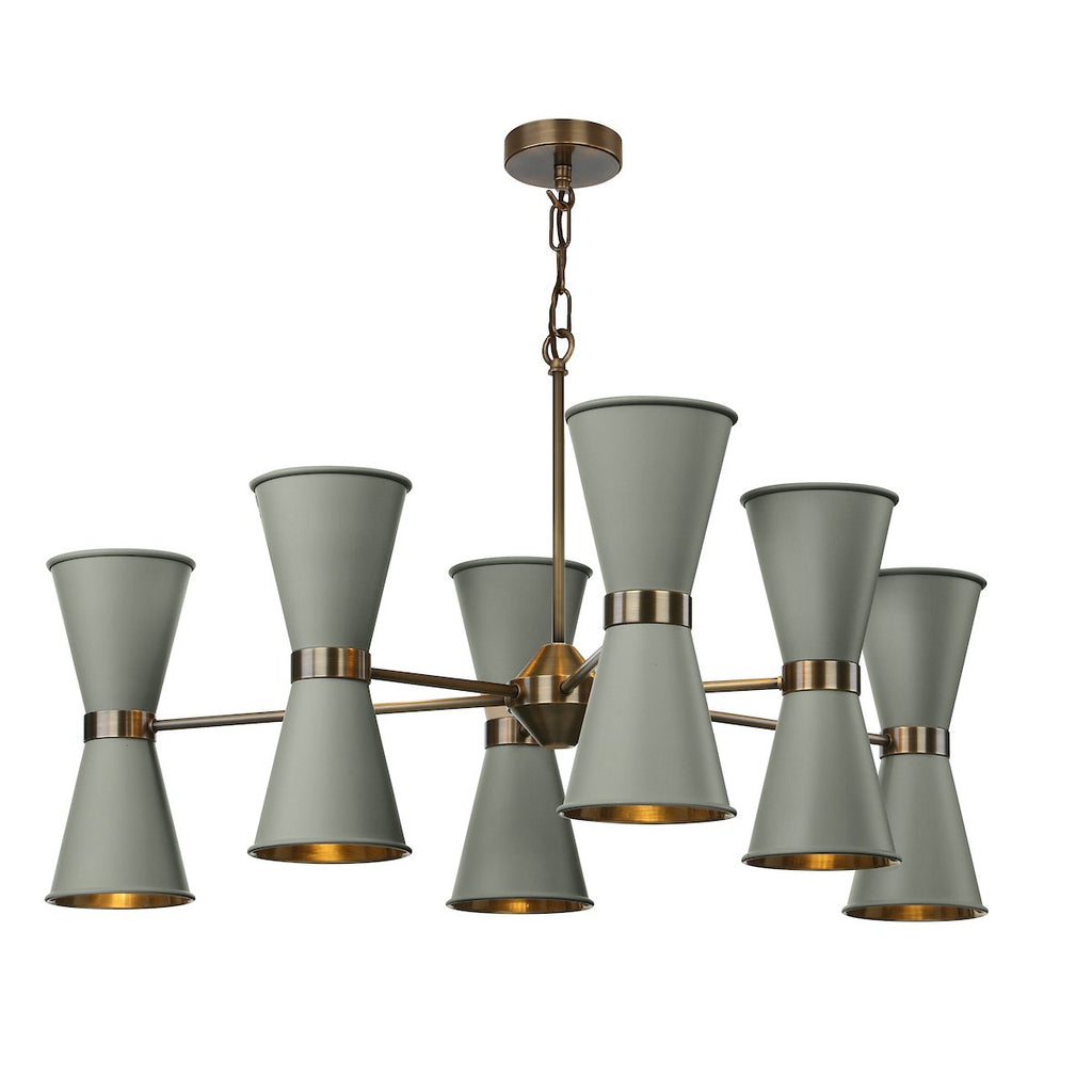 Hyde 12 Light pendant in Antique Brass comes with Smoke Blue metal shades by David Hunt Lighting