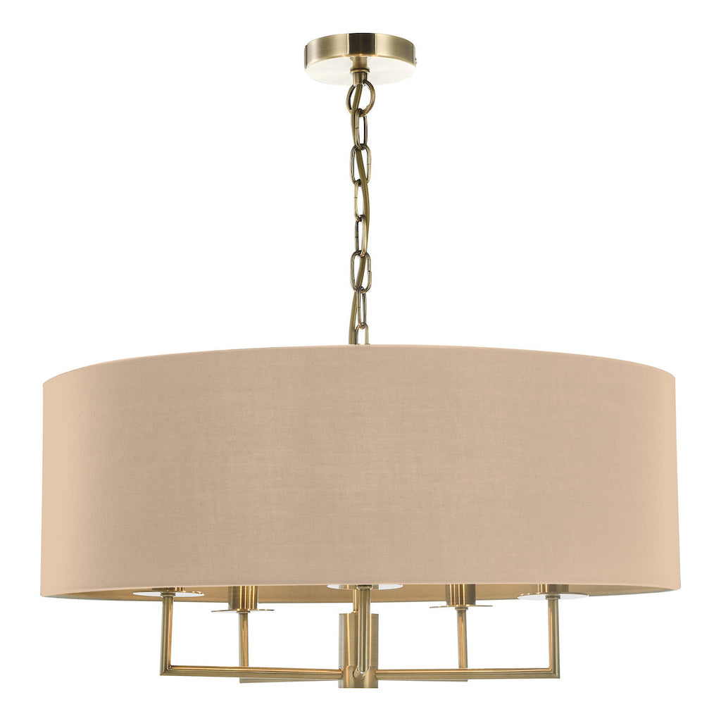 dar-lighting-Jamelia-5lt-Pendant-Antique-Brass-&-Taupe-Shade