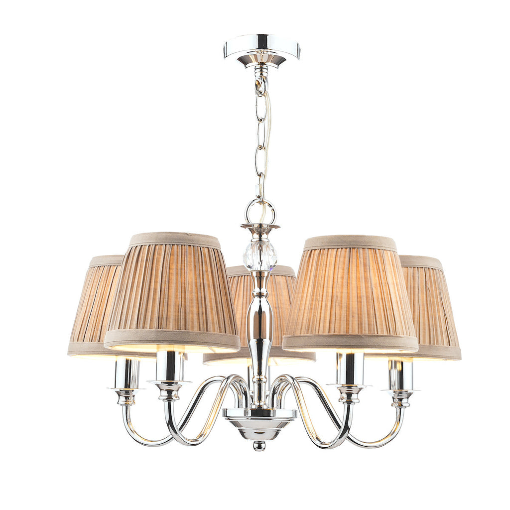 Ellis Polished Chrome 5 Light Chandelier with Grey Shades by Laura Ashley