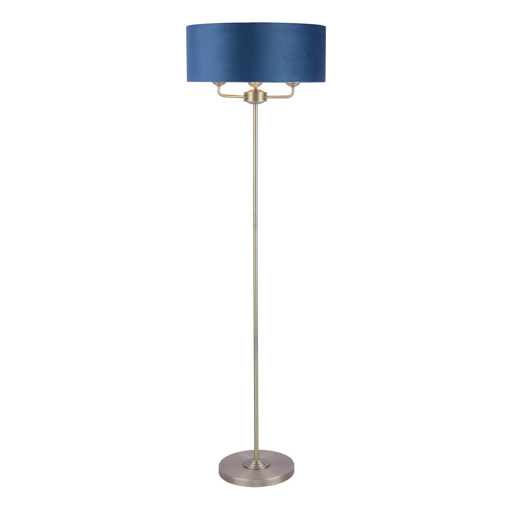 Sorrento 3 Light Floor Lamp Antique Brass & Blue Shade by Laura Ashley