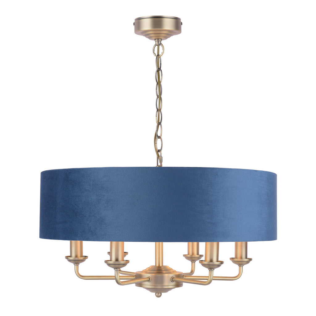 Sorrento 6 Light Pendant Antique Brass & Blue Shade by Laura Ashley