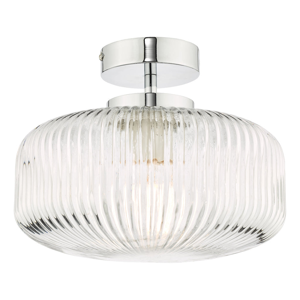 dar-lighting-Riva Bathroom Semi Flush Ceiling Light Ribbed Glass Polished Chrome IP44